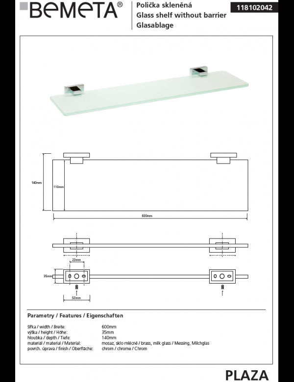 Mensola da parete per doccia in vetro PLAZA 14x52x3,5 cm