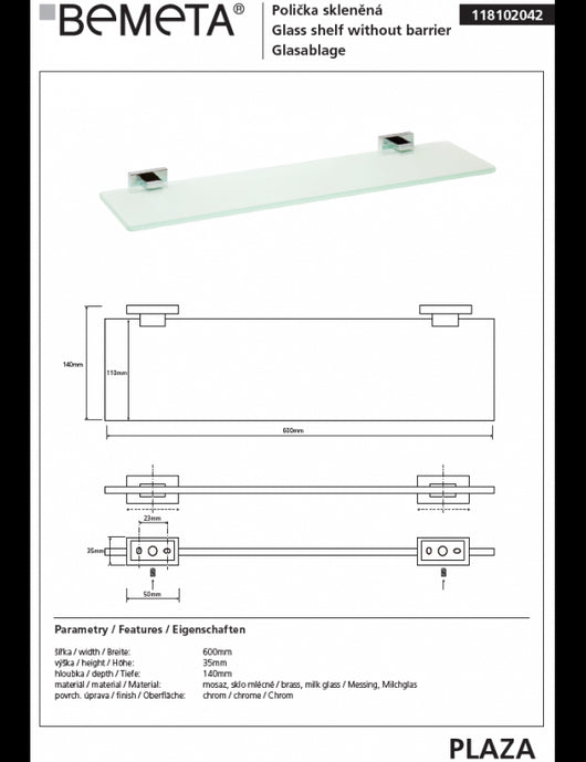 Mensola da parete per doccia in vetro PLAZA 14x52x3,5 cm