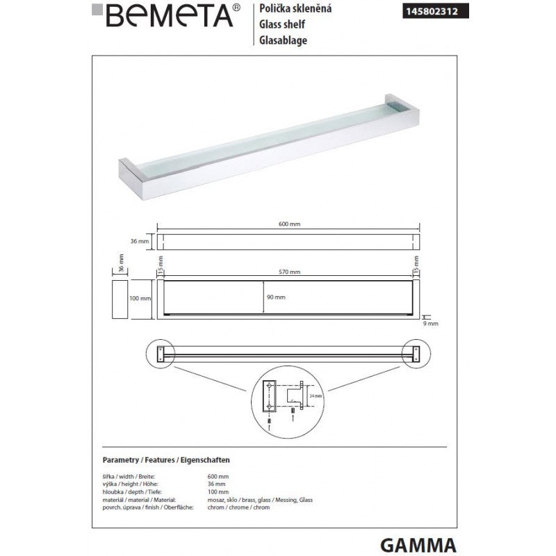 Mensola doccia a parete GAMMA in ottone cromato 60 x10 x3,6 cm