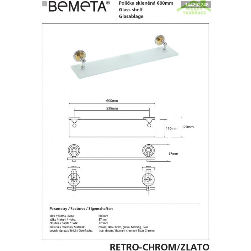 Mensola da parete doccia RETRO in ottone cromo-oro 60x8,7x12 cm