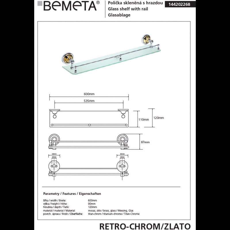 Mensola doccia a muro RETRO in vetro e ottone cromo-oro 60x9x12 cm