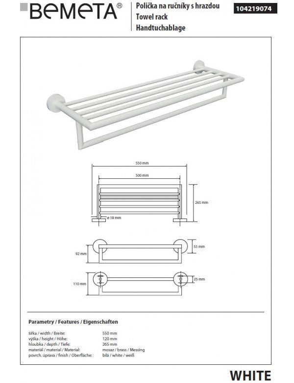 Mensola porta asciugamani doccia BIANCA in ottone bianco 55 x12 x26,5 cm