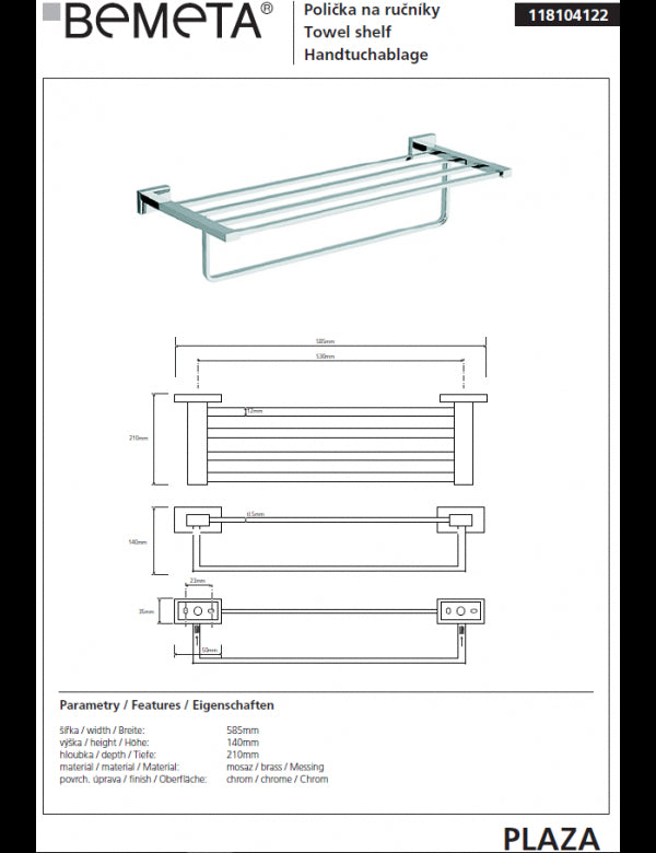 Portasciugamani a muro cromato PLAZA 21x58,5x14 cm