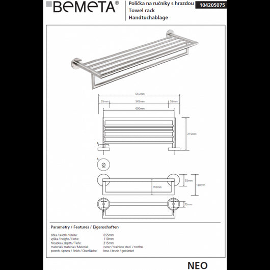NEO Portasciugamani in acciaio inox 65x21,5x11cm