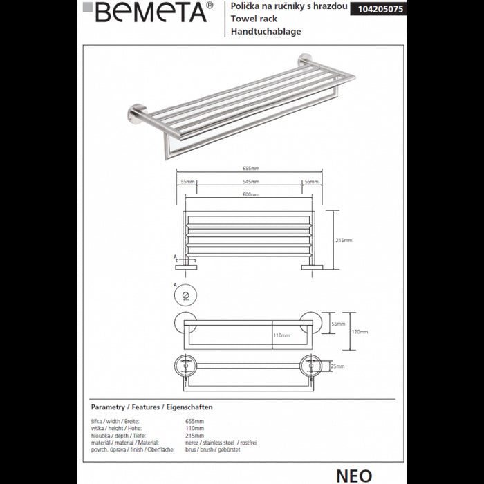 NEO Portasciugamani in acciaio inox 65x21,5x11cm