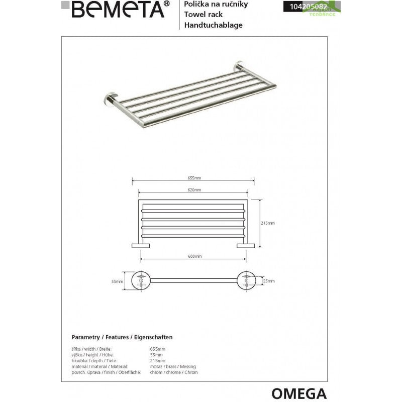 Portasciugamani OMEGA ottone cromato 65,5x12x21,5cm