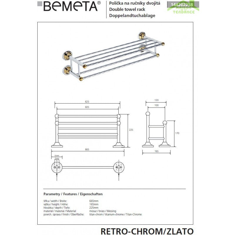 Portasciugamani con doppio ripiano RETRO in ottone cromo-oro 66,5x16,5x22,5 cm