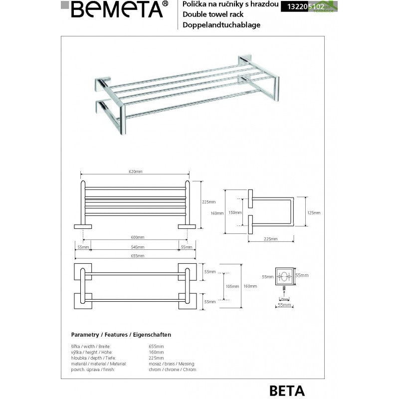 Mensola, portasciugamani BETA in ottone cromato 65,5 cm x 16 cm x 22,5 cm
