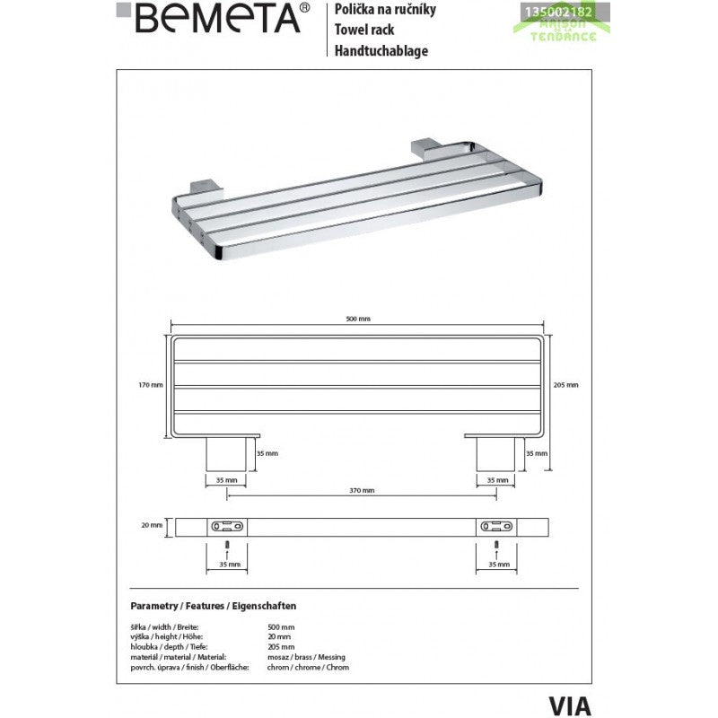 Mensola per doccia, portasciugamani VIA ottone cromato 50x2x20,5cm