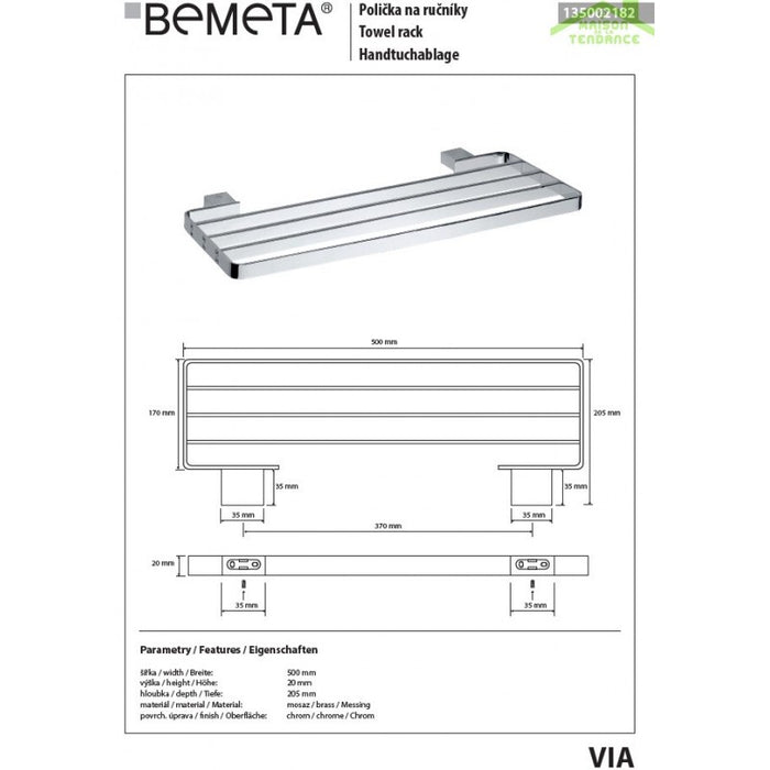 Mensola per doccia, portasciugamani VIA ottone cromato 50x2x20,5cm