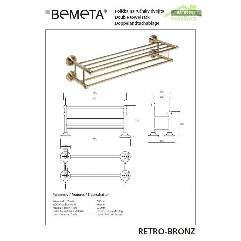 Mensola trapezoidale doppia RETRO con portasciugamani in ottone 66,5x16,5x22,5 cm