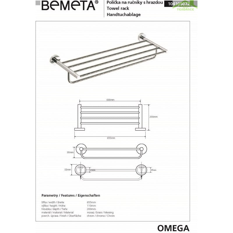 Mensola, mensola con portasciugamani OMEGA ottone cromato 65,5x11x20cm
