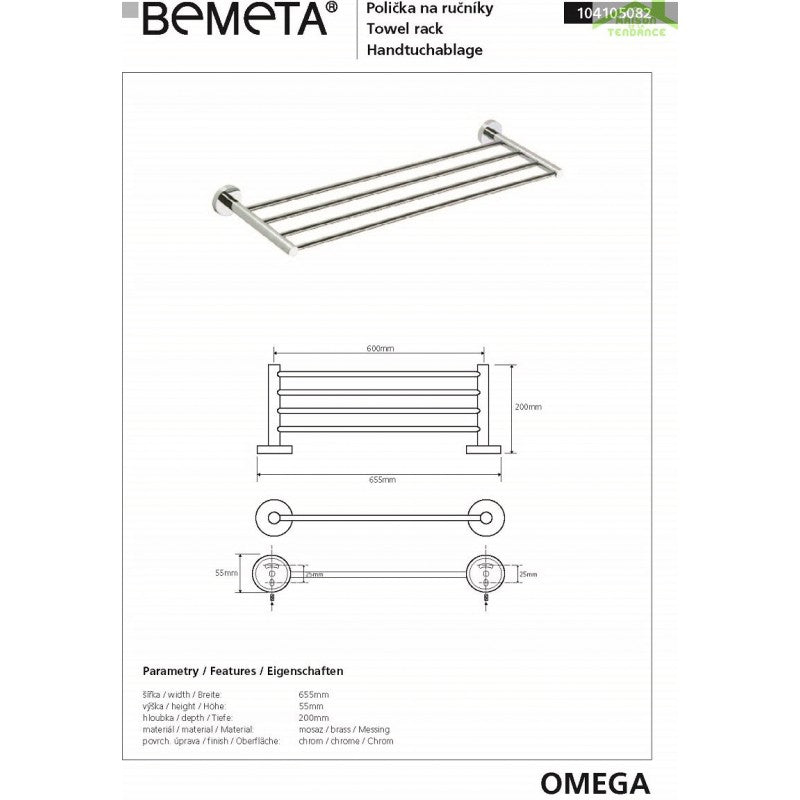 Mensola, portasciugamani OMEGA ottone cromato 65,5x5,5x20cm