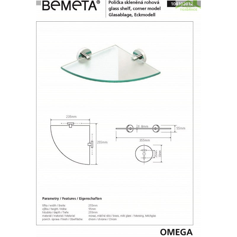 Mensola per doccia angolare da parete in vetro OMEGA 25,5x5,5x25,5cm
