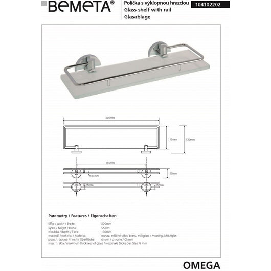 Mensola da parete per doccia in vetro con binario OMEGA 30x5,5x13cm