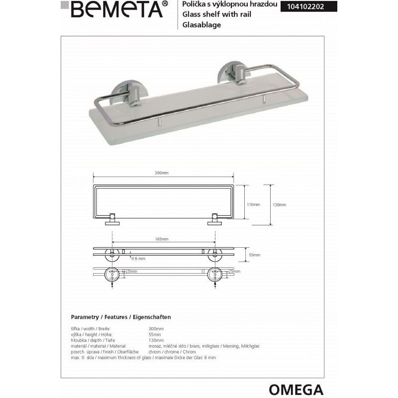 Mensola da parete per doccia in vetro con binario OMEGA 30x5,5x13cm