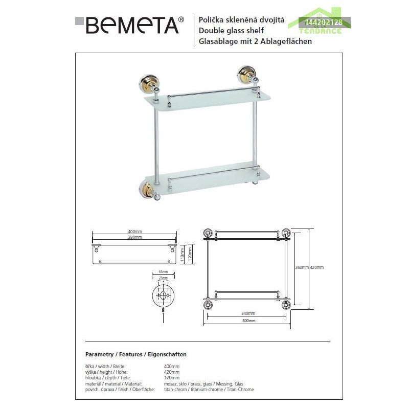 Mensola a muro doccia doppio vetro RETRO in ottone cromo-oro 40x42x12cm