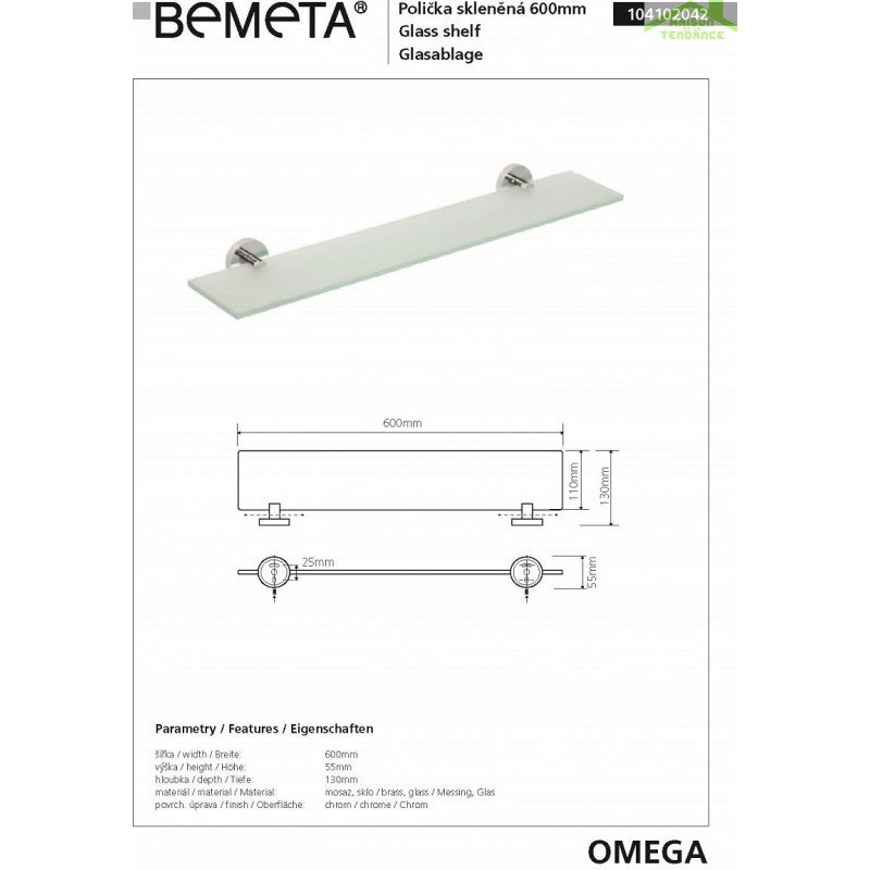 Mensola, mensola doccia in vetro OMEGA 60x5,5x13cm