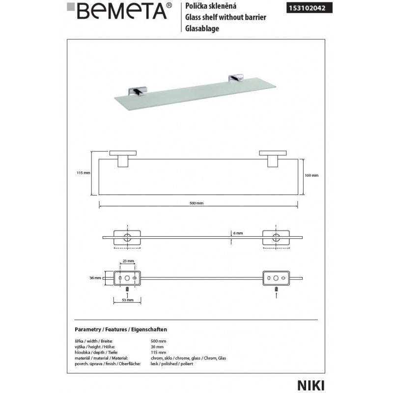 Mensola, mensola doccia in vetro NIKI 50 x11 x3,6 cm