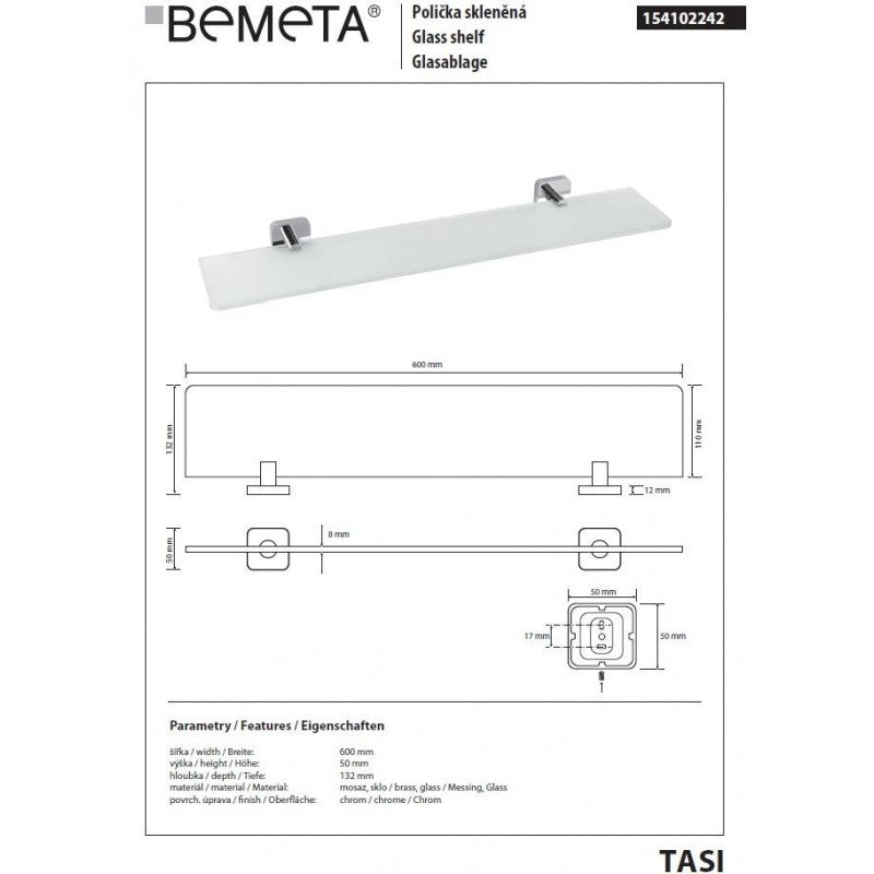 Mensola a muro per doccia in vetro TASI 60 x5 x13,2 cm