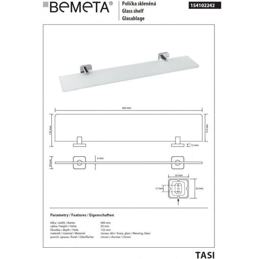 Mensola a muro per doccia in vetro TASI 60 x5 x13,2 cm