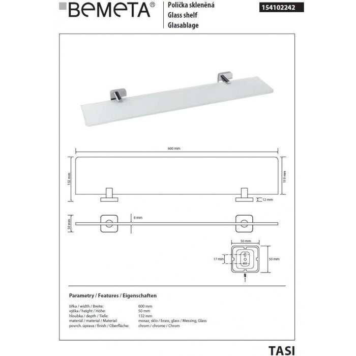 Mensola a muro per doccia in vetro TASI 60 x5 x13,2 cm