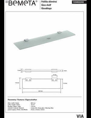 Mensola, mensola a muro per doccia in vetro VIA 60 x1,9 x 11,8 cm