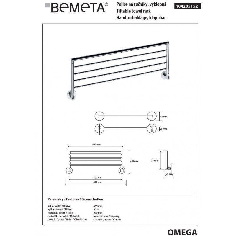 Mensola, mensola portasciugamani basculante OMEGA ottone cromato 65,5x5,5x27cm
