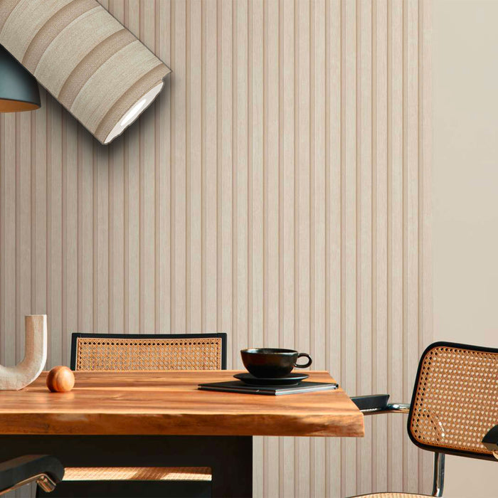 Rotolo da 5 mq di Carta da Parati LAMELLI LEGNO MILLERIGHE 3D effetto Boiserie CREAM