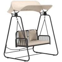 Sedia a Dondolo in Rattan 2 Posti con Tetto e Cuscini, fino a 240 kg, 149 x 121 x 180 cm, Marrone