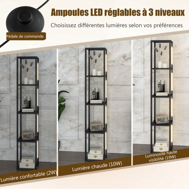 Lampada da terra per soggiorno 163 cm con 4 ripiani Lampadine LED con 3 intensità variabili Aste LED girevoli a 360° Interruttore a pedale nero 20_0008678