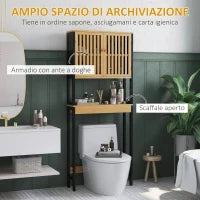 Mobile Sopra WC con Armadietto 2 Ante a Doghe e Ripiano Aperto, 60x21.5x172cm, Colore Legno