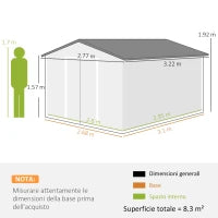 Casetta da Giardino con 2 Porte Scorrevoli e 4 Prese d'Aria, in Acciaio, 322x277x192 cm, Grigio