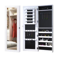 Specchio Portagioie da Parete con Ganci e Scompartimenti in Legno, Armadietto Portagioie con Specchio per Orecchini, Collane e Anelli, 37x9.5x112 cm, Bianco