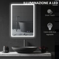kleankin Specchio Bagno con Luce LED, Funzione Anti-Appannamento e Tasti Touch, 70x50cm, Argento