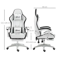 Sedia da Gaming con Altezza Regolabile e Schienale Reclinabile, 65x65x121-129 cm, Bianco e Nero
