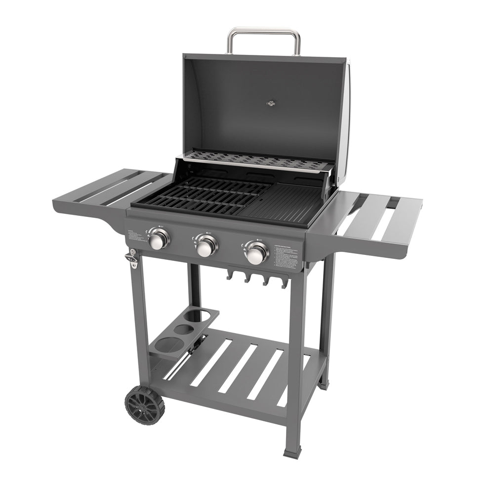 BARBECUE A GAS 3 FUOCHI PIANI LATERALI BBQ COPERCHIO P.57,5xL.118,5xH.104,5 cm EXPERT 3 OMPAGRILL