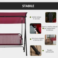 Dondolo da Giardino 3 Posti in Acciaio con Tetto Parasole in Poliestere, 172x110x153 cm, Rosso e Nero