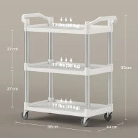 Carrello Portavivande a 3 Livelli in PP e Lega di Alluminio, 88x44x93 cm, Bianco e Argento