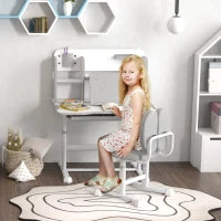 Set Scrivania e Sedia per Bambini Regolabili, Banco Scuola con Piano Inclinabile, Cassetto, Scaffale, Grigio