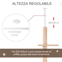 Tiragraffi a Soffitto Multilivello 220-245cm Palestra per Gatti con Cucce, Piattaforme e Corde in Juta, Giallo