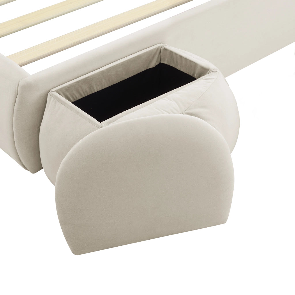 Letto contenitore 140 × 200 cm idraulico imbottito in velluto beige con LED regolabile e due pouf contenitore