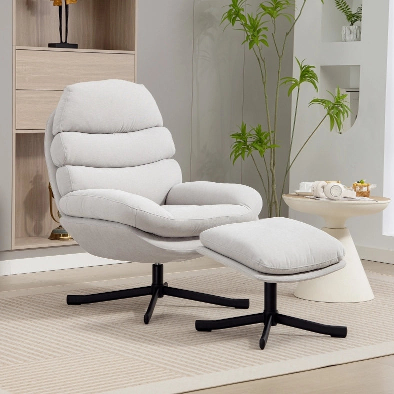 Poltrona relax con poggiapiedi in tessuto chenille crema 78x93x100 cm