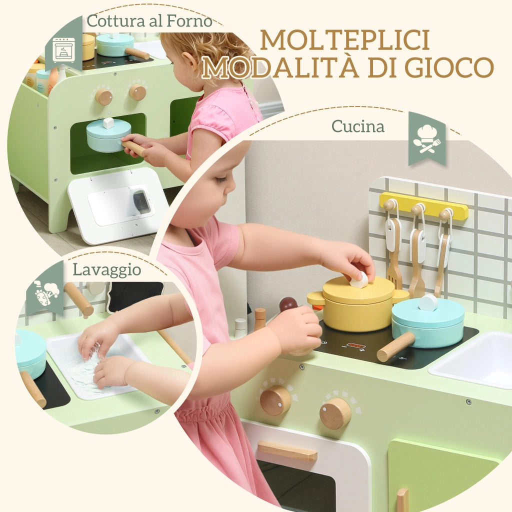Set Cucina Giocattolo in Legno per Bambini da 3+ Anni con 15 Accessori, Verde