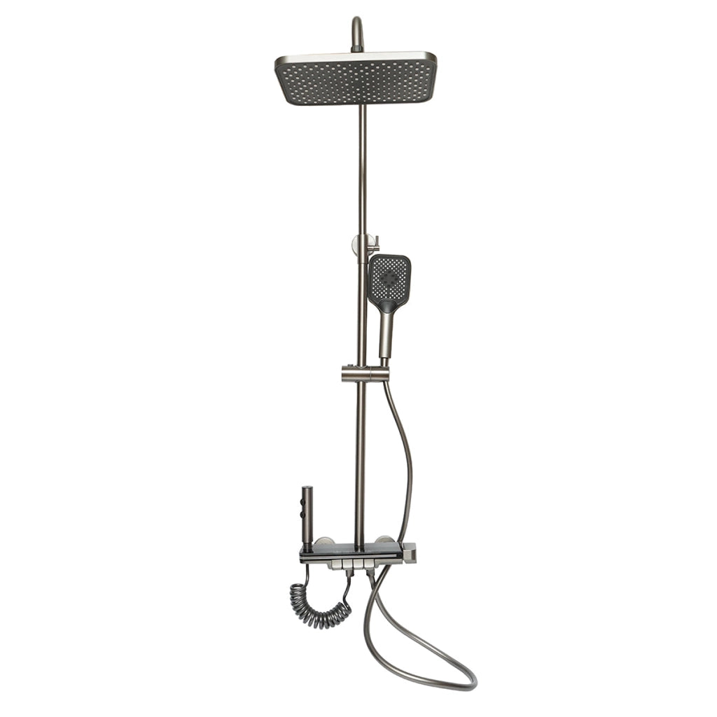 Set doccia multifunzionale con termostato, display digitale della temperatura dell’acqua, 4 funzioni di erogazione dell’acqua, bocca per vasca, soffione rettangolare, doccetta a mano, doccia bidet, colore grigio