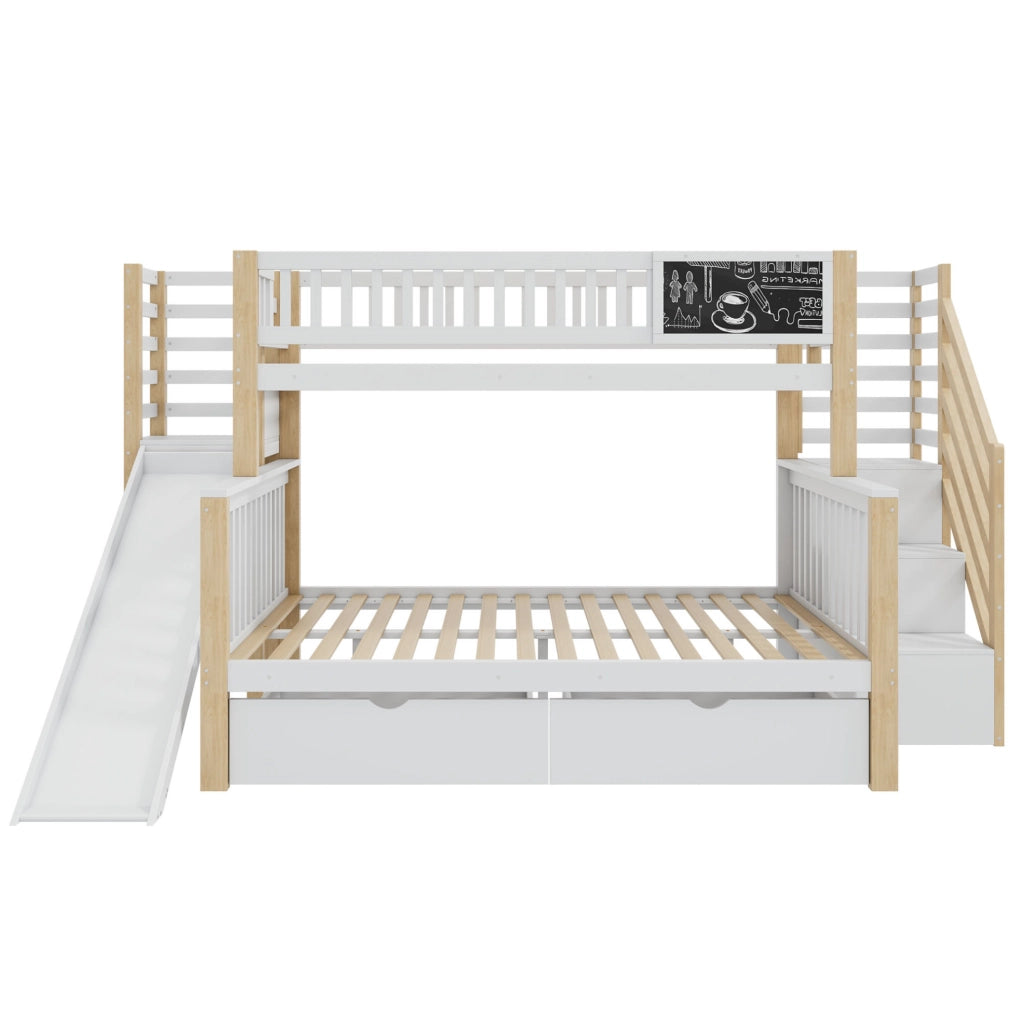 Letto a soppalco a casetta per bambini 140x200 cm con scivolo; lavagna e vani contenitore; bianco naturale