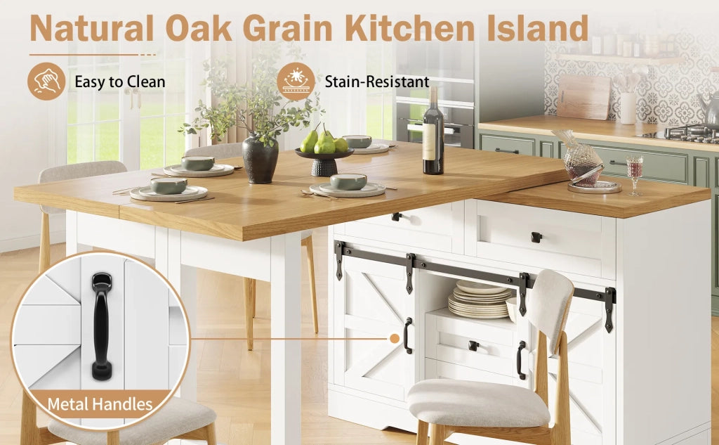 Isola Cucina Multifunzione con Tavolo da Pranzo 2-in-1, Armadio Laterale con Cassetti Nascosti, Pannelli Girevoli a 360° e Porta a Scorrimiento
