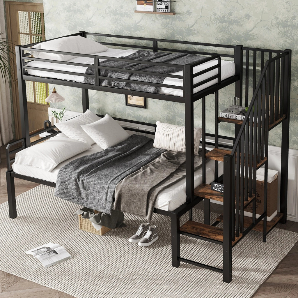 Letto a castello 90x200 cm e 120x200 cm con scala angolare; metallo e MDF nero