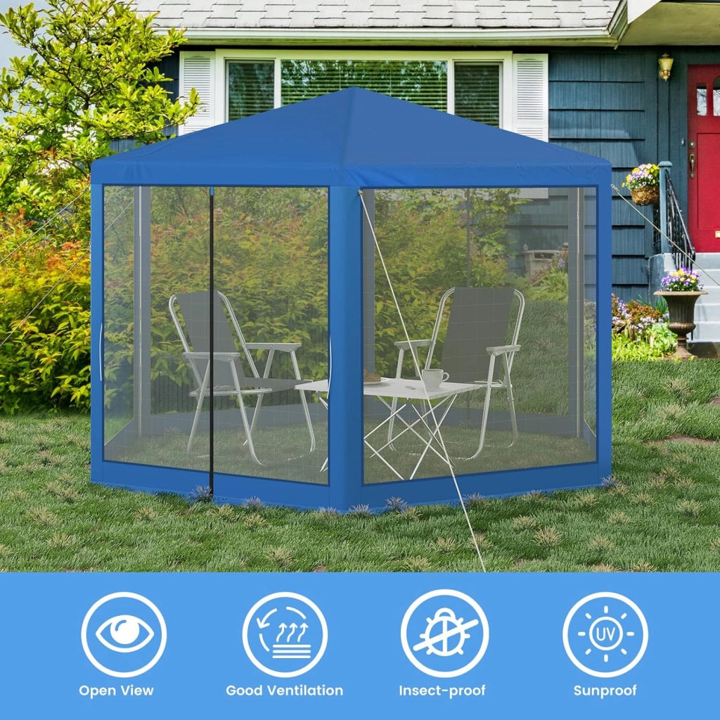 Gazebo da Esterni, Pergolato da Giardino, Gazebo Pieghevole e Impermeabile, con Pareti Laterali a Zanzariera, Esagonale, per Campeggio, Feste, 3,8x3,3m, Blu