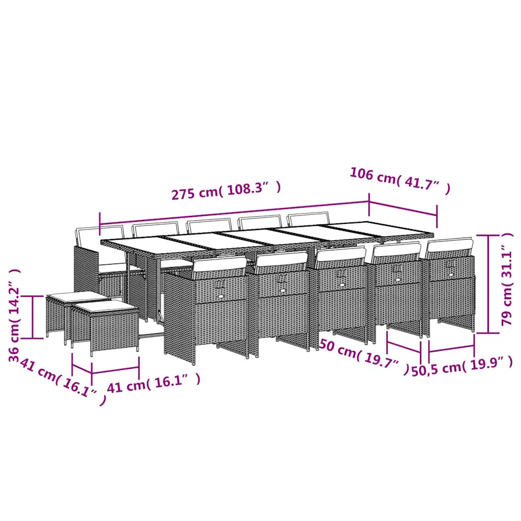 Set da Pranzo da Giardino 15 pz con Cuscini Nero in Polyrattan 3210630
